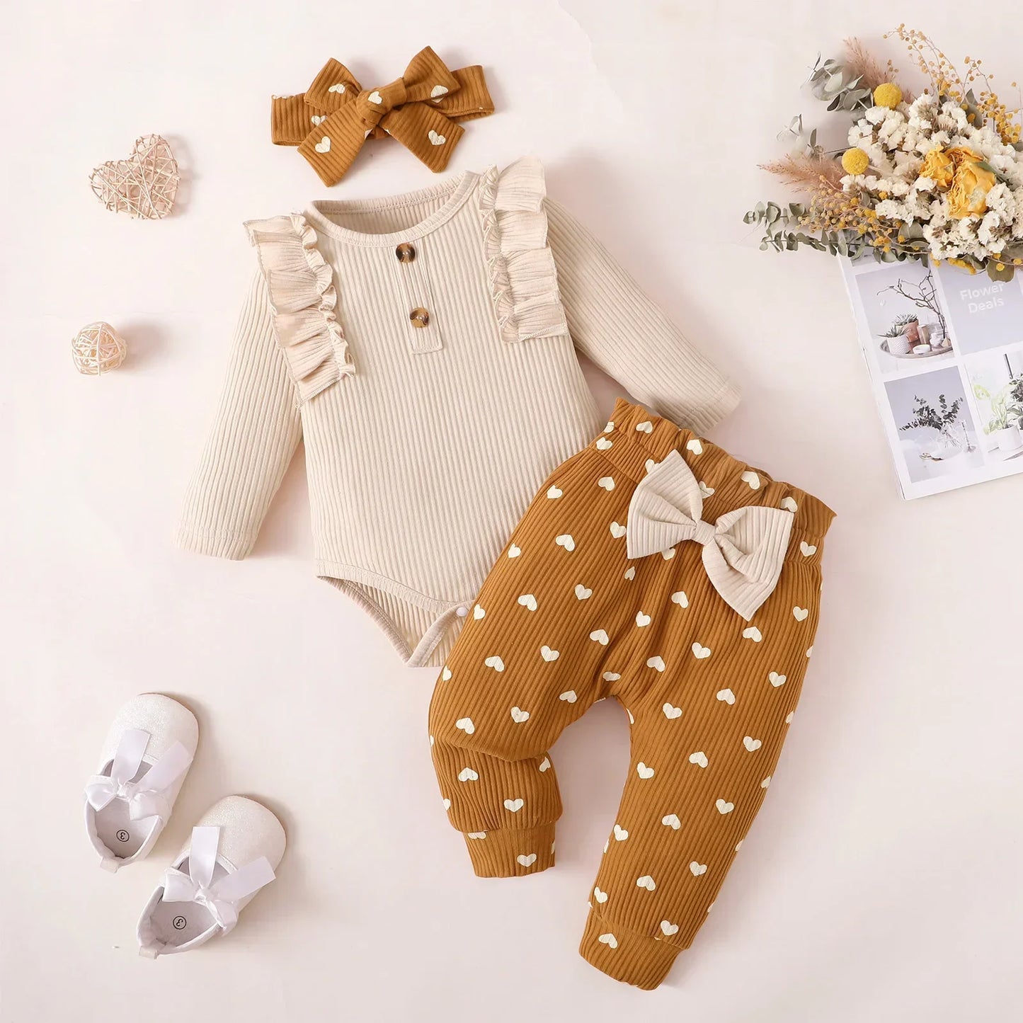 Newborn Baby Girls Clothes Set – Pink Ruffle Top & Heart Print Bow Trousers, Princess Casual Outfit for Infants