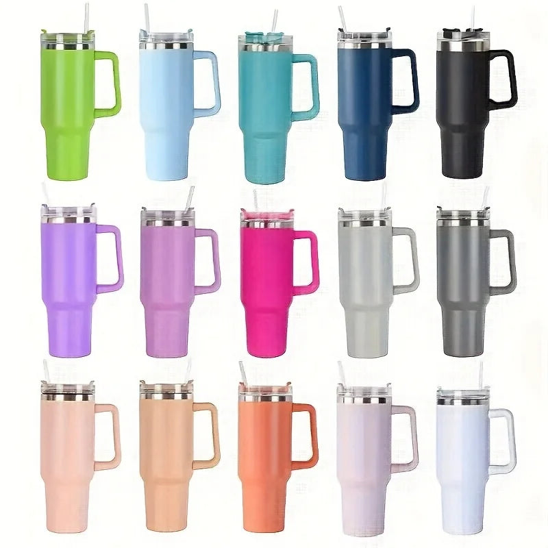 40oz Stainless Steel Insulated Water Bottle with Handle – Cold-keeping Tumbler with Lid, Straw, and Mug for Summer Outdoor Activities