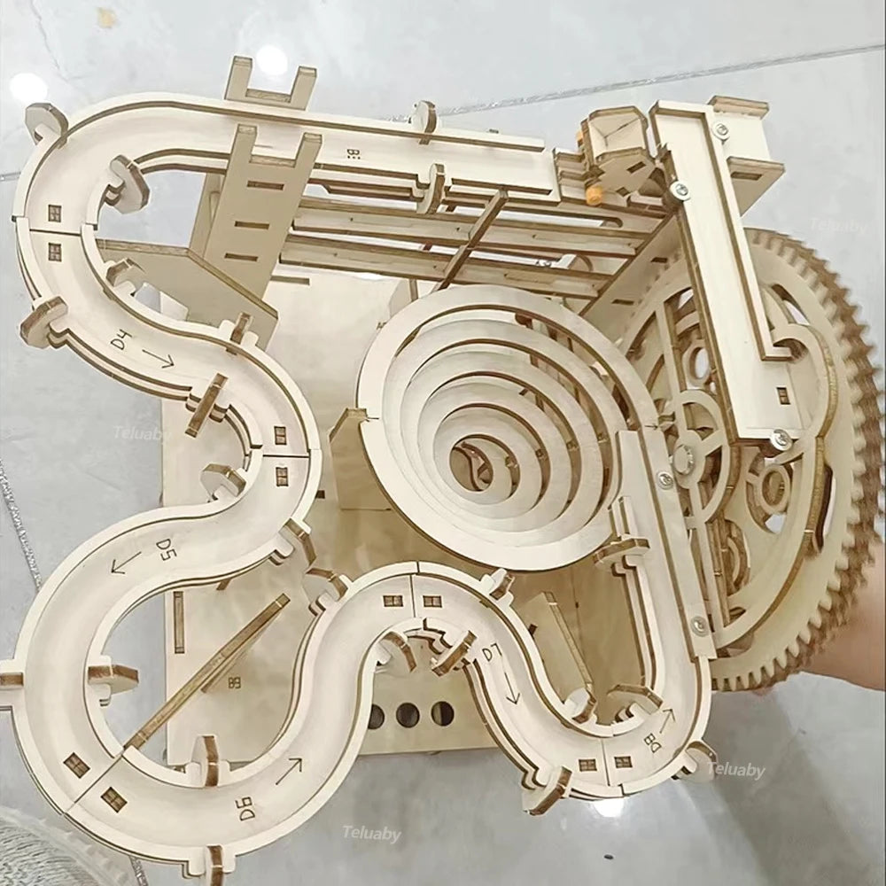 3D Wooden Puzzle DIY Mechanical Model Kit – Marble Run Set with 4 Balls, Assemble Toys for Adults & Kids, Unique Gifts
