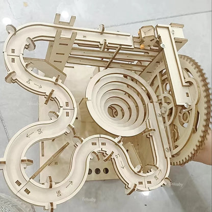 3D Wooden Puzzle DIY Mechanical Model Kit – Marble Run Set with 4 Balls, Assemble Toys for Adults & Kids, Unique Gifts