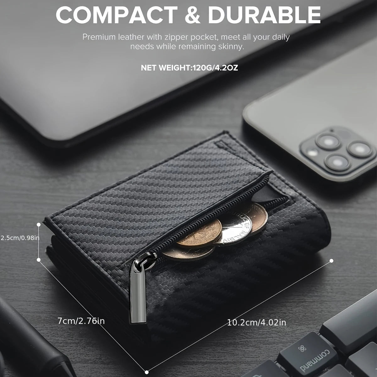 Men’s Minimalist RFID Wallet — Zipper Coin Purse & Pop-Up Metal Card Holder