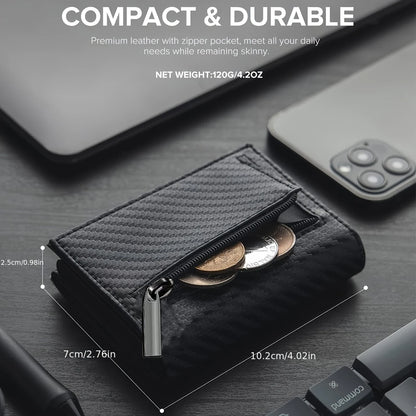 Men’s Minimalist RFID Wallet — Zipper Coin Purse & Pop-Up Metal Card Holder
