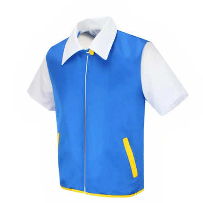 Cartoon Anime Ash Ketchum Trainer Blue Jacket Costume with Hat & Gloves for Kids Pokémon Go Cosplay Party