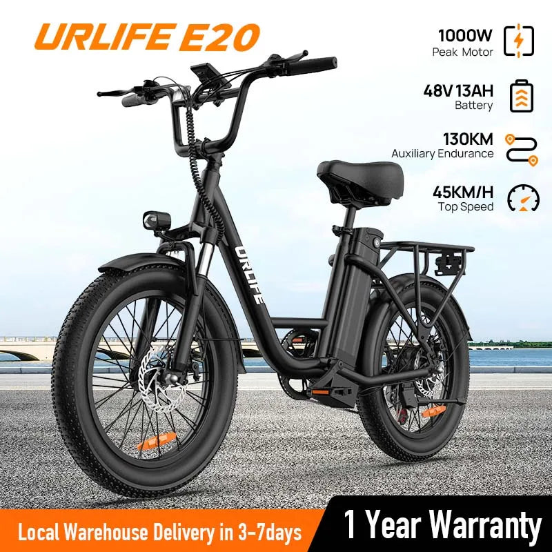 URLIFE E20 1000W Electric Bike – 48V 13Ah Removable Battery, 28MPH Fat Tire E-Bike with 7-Speed & Dual Disc Brakes