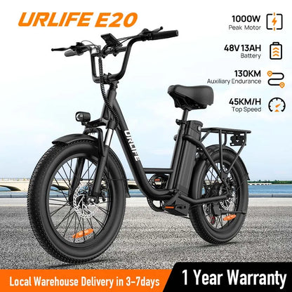 URLIFE E20 1000W Electric Bike – 48V 13Ah Removable Battery, 28MPH Fat Tire E-Bike with 7-Speed & Dual Disc Brakes