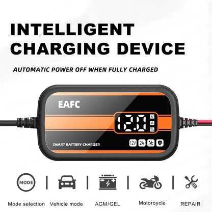 12V Smart Car Battery Charger – Digital Display Lead-Acid Battery Maintainer and Repair Charger for Cars, SUVs, and Motorcycles (2Ah–20Ah)