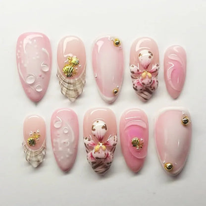 24Pcs French Press On Nails - Almond Fake Nail Tips with Glue, White Edge Design & Pink Stiletto Style Manicure Set