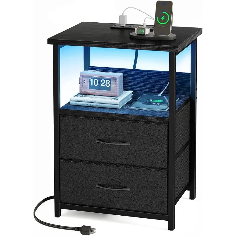LED Nightstand with Charging Station – USB Ports, Outlets & 2 Fabric Storage Drawers Bedside Table