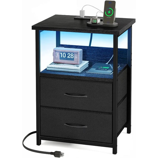 LED Nightstand with Charging Station – USB Ports, Outlets & 2 Fabric Storage Drawers Bedside Table