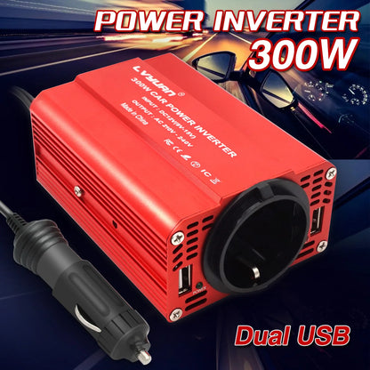 300W Car Power Inverter - DC 12V to AC 110V/220V Dual USB Adapter Converter with Modified Sine Wave, EU & US Sockets