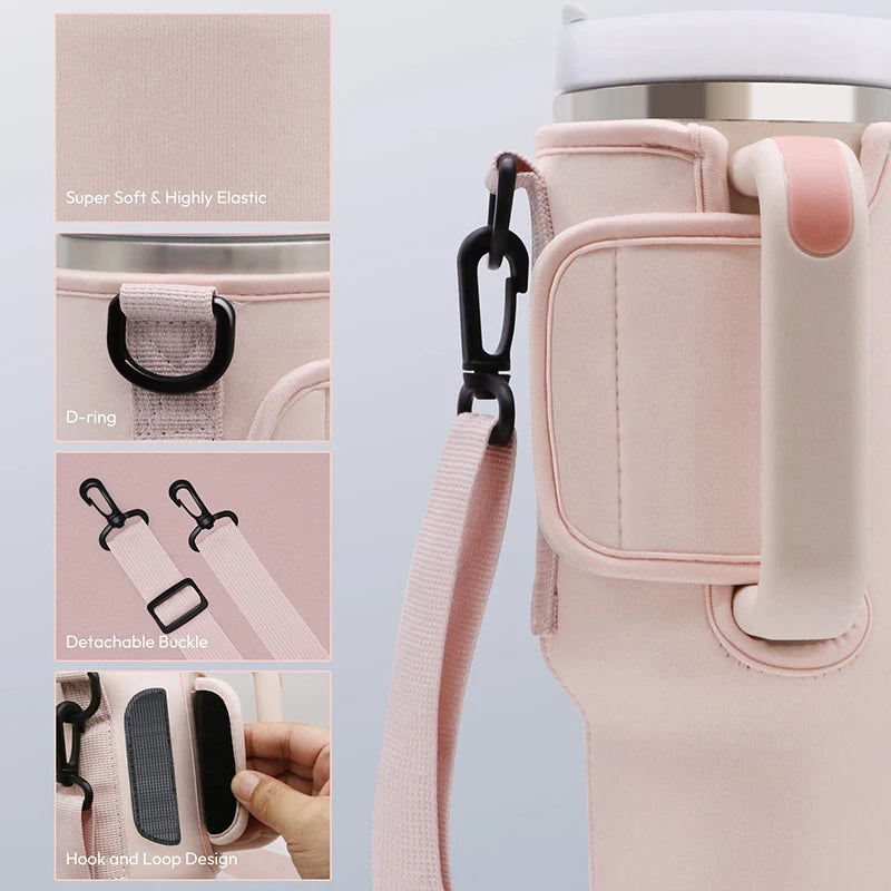 Water Bottle Carrier Bag — Adjustable Shoulder Strap Holder for 40oz Tumbler with Handle
