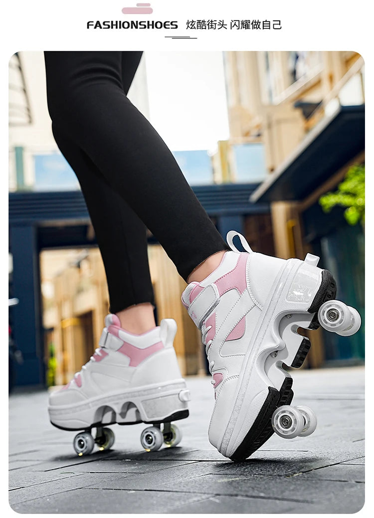 Women's High-Top 4-Wheel Roller Shoes – Fashionable Unisex Pop-Up Sneakers with Wheels, Dual-Purpose Skating & Casual Shoes
