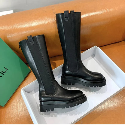 Platform Women's Knight Long Boots – Fashionable Warm Fur Knee-High Booties with Square Heels for Autumn & Winter