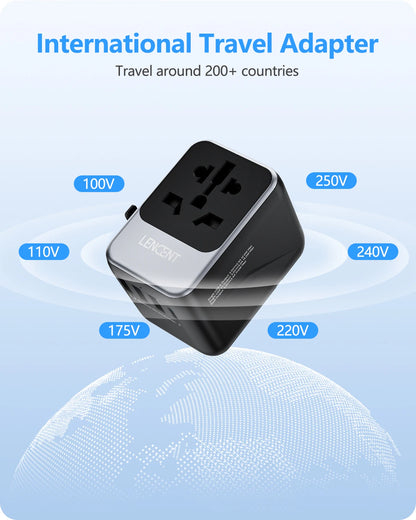 LENCENT Universal Travel Adapter with 3 USB Ports & Type-C PD Charging - EU/UK/USA/AUS Plug, All-in-One Travel Charger
