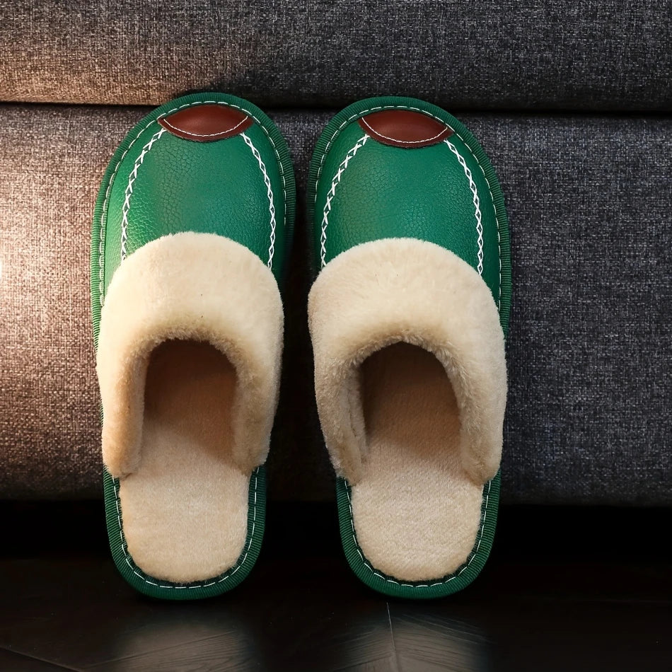 Men’s Winter Leather Slippers — Waterproof, Thick Velvet Cotton Indoor Home Shoes, Warm Bedroom Footwear
