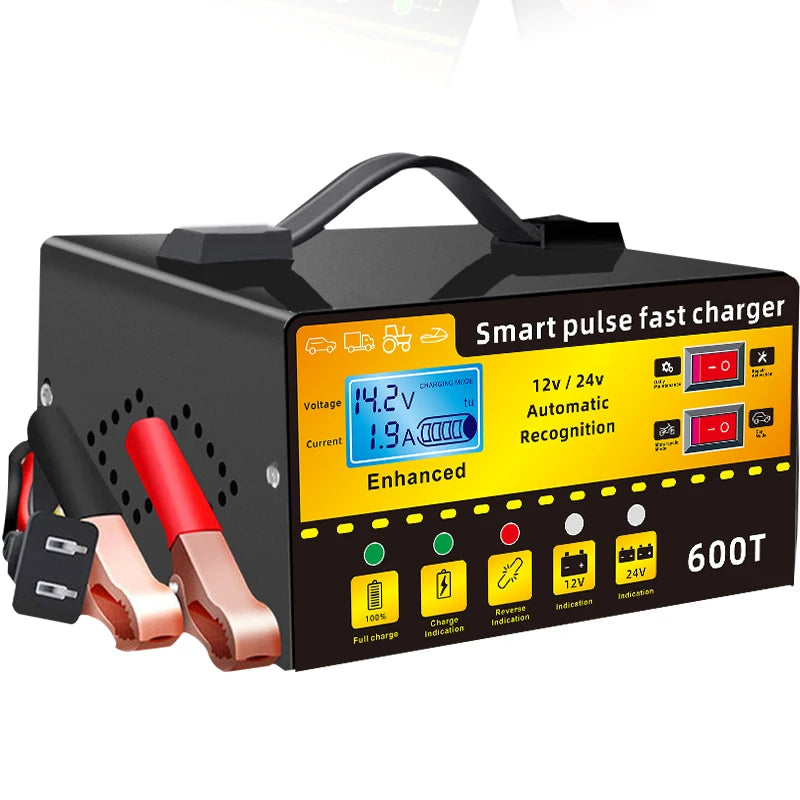 12V/24V Intelligent Car Battery Charger – Automatic Pulse Repair with LCD Display, Voltage & Temperature Detection, High Power Maintenance System