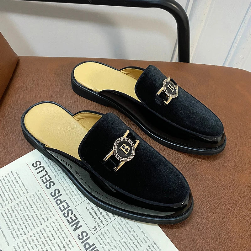 Men’s Suede Half Slippers - Patchwork Casual Metal Buckle Breathable Mules Driving Moccasin Shoes