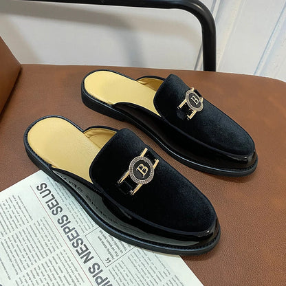 Men’s Suede Half Slippers - Patchwork Casual Metal Buckle Breathable Mules Driving Moccasin Shoes