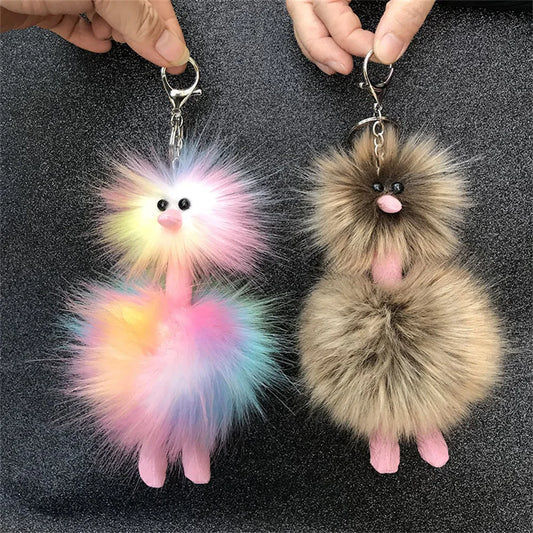 Cute Doll Ostrich Plush Pendant Keychain – Colorful Fur Ball Backpack Key Ring, Creative Gift for Women 2025 Xmas & New Year