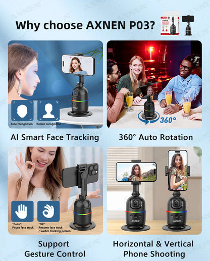 Smart Auto Face Tracking AI Gimbal – 360° Desktop Vlog Stabilizer for Smartphone & Action Camera (Tripod Optional)