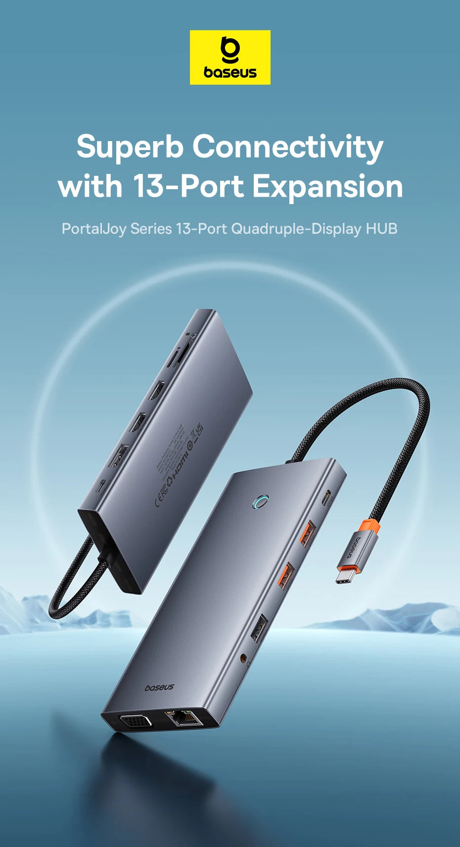 Baseus 13-in-1 USB-C Hub – HDMI, DP 4K 60Hz, RJ45, VGA, PD 100W, USB-A Adapter for MacBook & PC