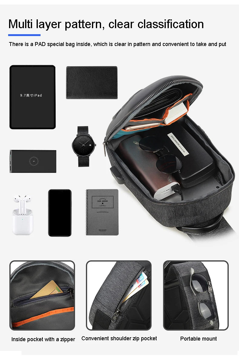 Running Chest Bag for Men - USB Charging Fashion Sling Pack, Crossbody Motor Cycling Backpack for College Students, Unisex