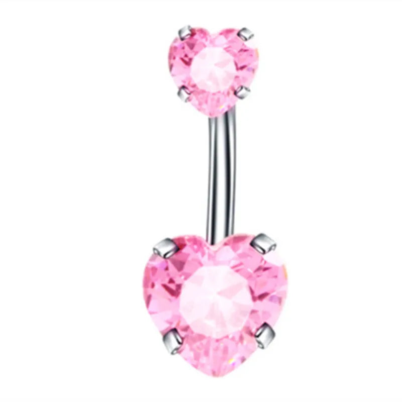 Pink Crown Belly Button Ring – Stainless Steel Heart Navel Piercing Barbell with Crystal for Women & Girls
