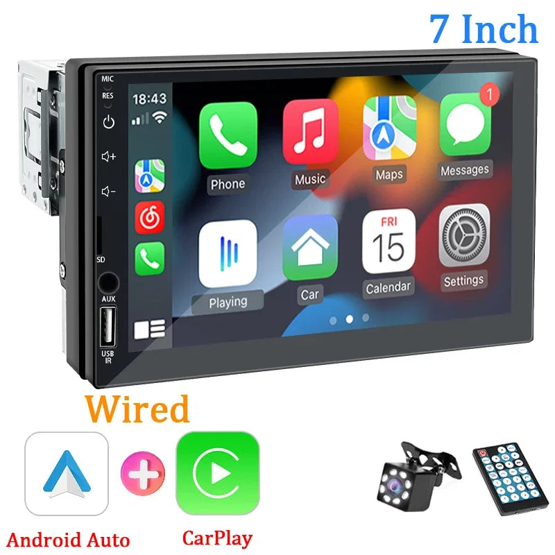 1DIN 7" HD Car Radio – CarPlay Android Auto Multimedia Player with Touchscreen, FM, AUX, Bluetooth & MirrorLink Universal Autoradio