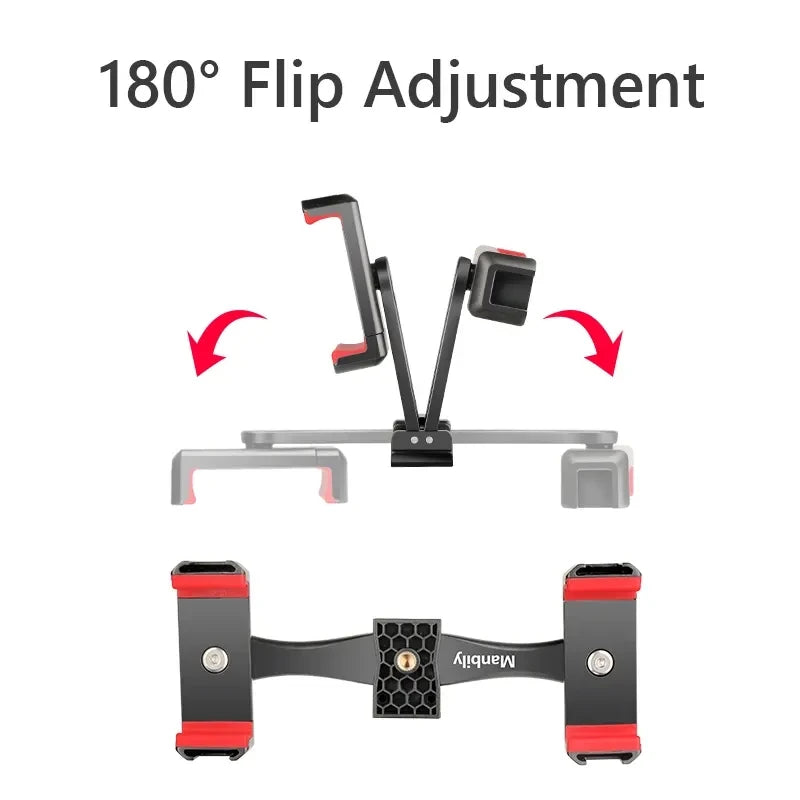 360° Rotatable Dual Phone Holder – Clip Clamp with 4 Cold Shoes & 1/4” Screw for Tripod, Selfie Stick, Vlog & Live Streaming