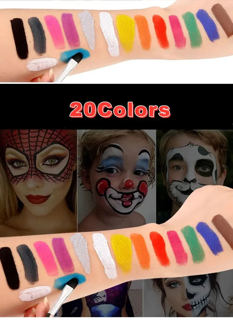 20-Color Face & Body Oil Paint – Non-Toxic Pigment for Kids, Flash Tattoos, Halloween & Cosplay Art with Brush