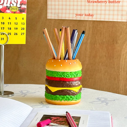 Miniso Cute Burger Pen Holder — Fun Desktop Organizer for Pens, Bedroom Desk Decoration, and Gift for Friends
