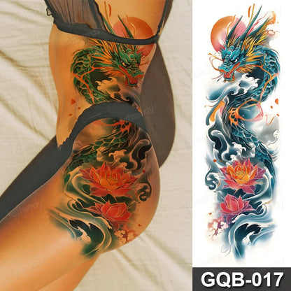 Full Arm Dragon Skull Tattoo Sleeve - Waterproof Temporary Body Art Sticker with Clock Compass Flower Design for Men & Women