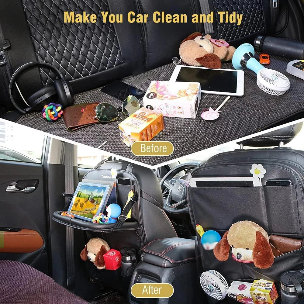 Car Seat Back Organizer with Foldable Table Tray – PU Leather Storage with Pockets, Kick Mats & Interior Accessories