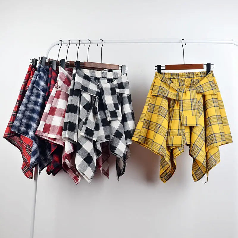 Summer Casual Retro Women’s Mini A-Line Skirt – Blue White Lattice Bow-Knot Elastic Waist Short Skirt