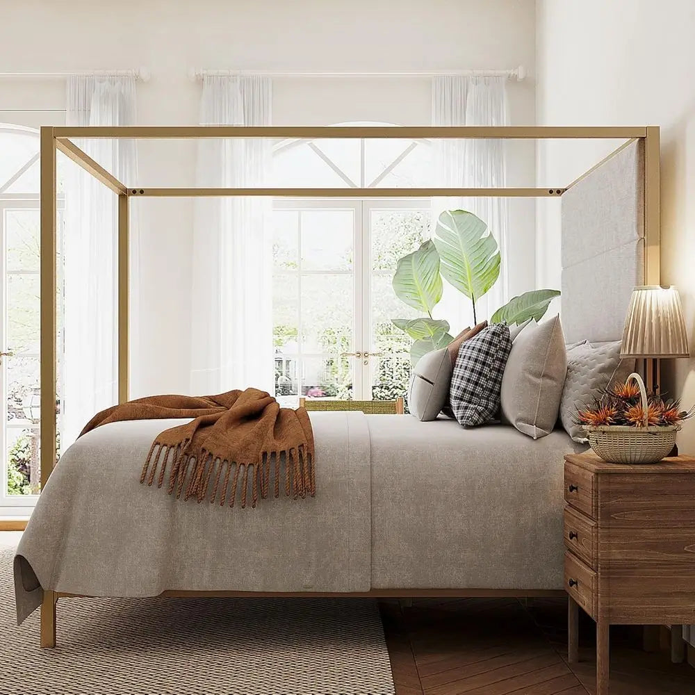 Modern King Size Canopy Bed Frame - Tall Linen Upholstered Headboard Metal 4-Poster Bed with Gold & Tan Design