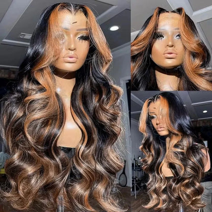 30 Inch Brazilian Body Wave Highlight Ombre Wig – 13x4 Lace Front, 1B/30 Black Brown Human Hair Wig for Women