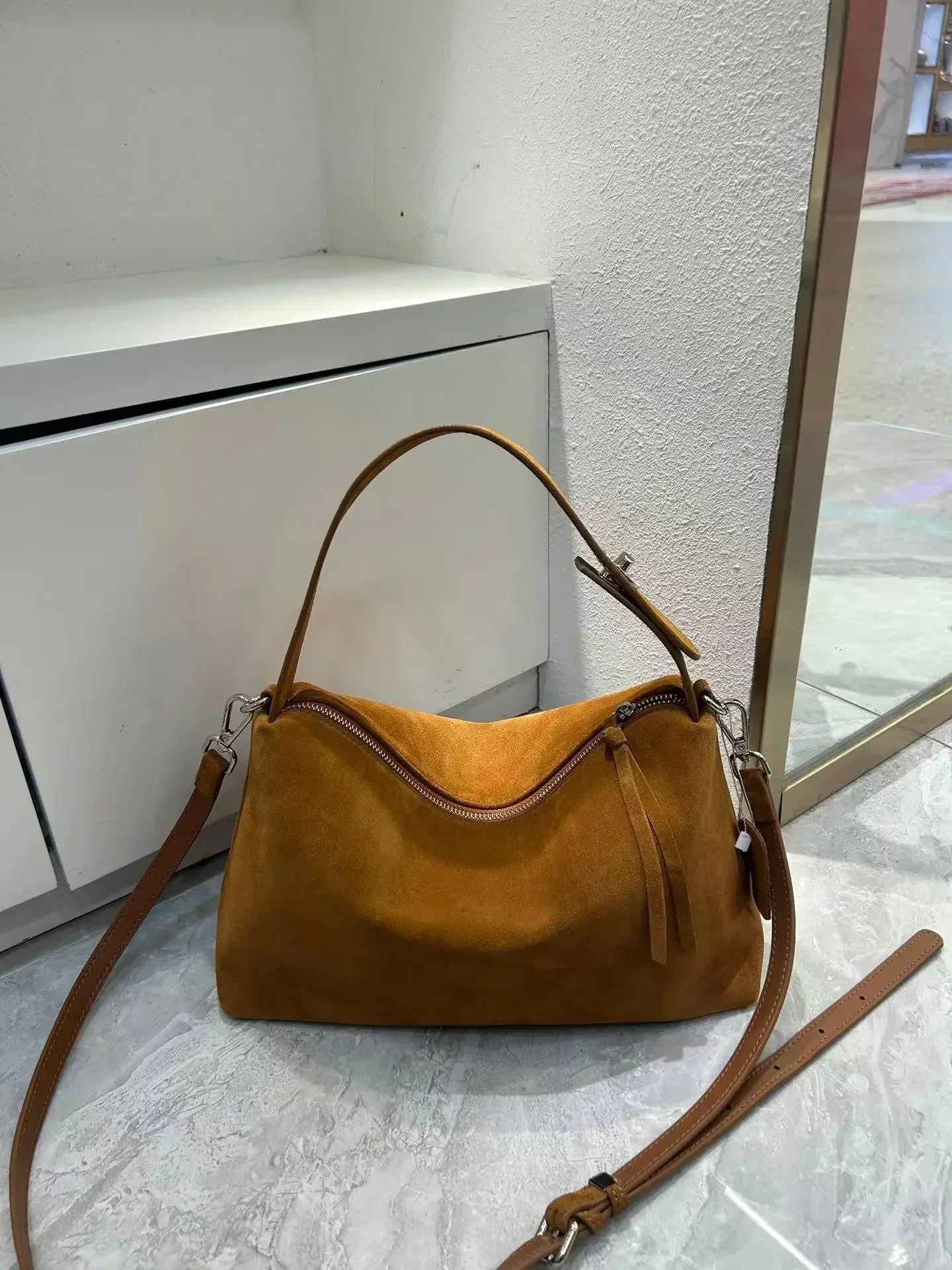 Simple Autumn Winter Grey & Brown Boston Tote — Soft Matte Suede Cow Leather Women's Shoulder Handbag