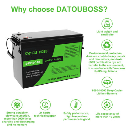 DATOUBOSS 12V 100Ah LiFePO4 Battery — 1280Wh Lithium Battery with 100A BMS, 8000-15000 Deep Cycles, Series/Parallel Support