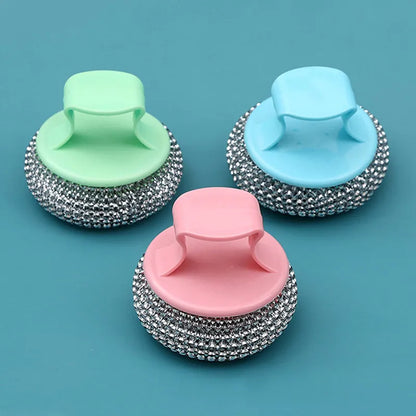 Stainless Steel Cleaning Balls with Handle - Non-Falling Wire, Oversized Brush Plate, and Bowl Brush for Household Kitchen