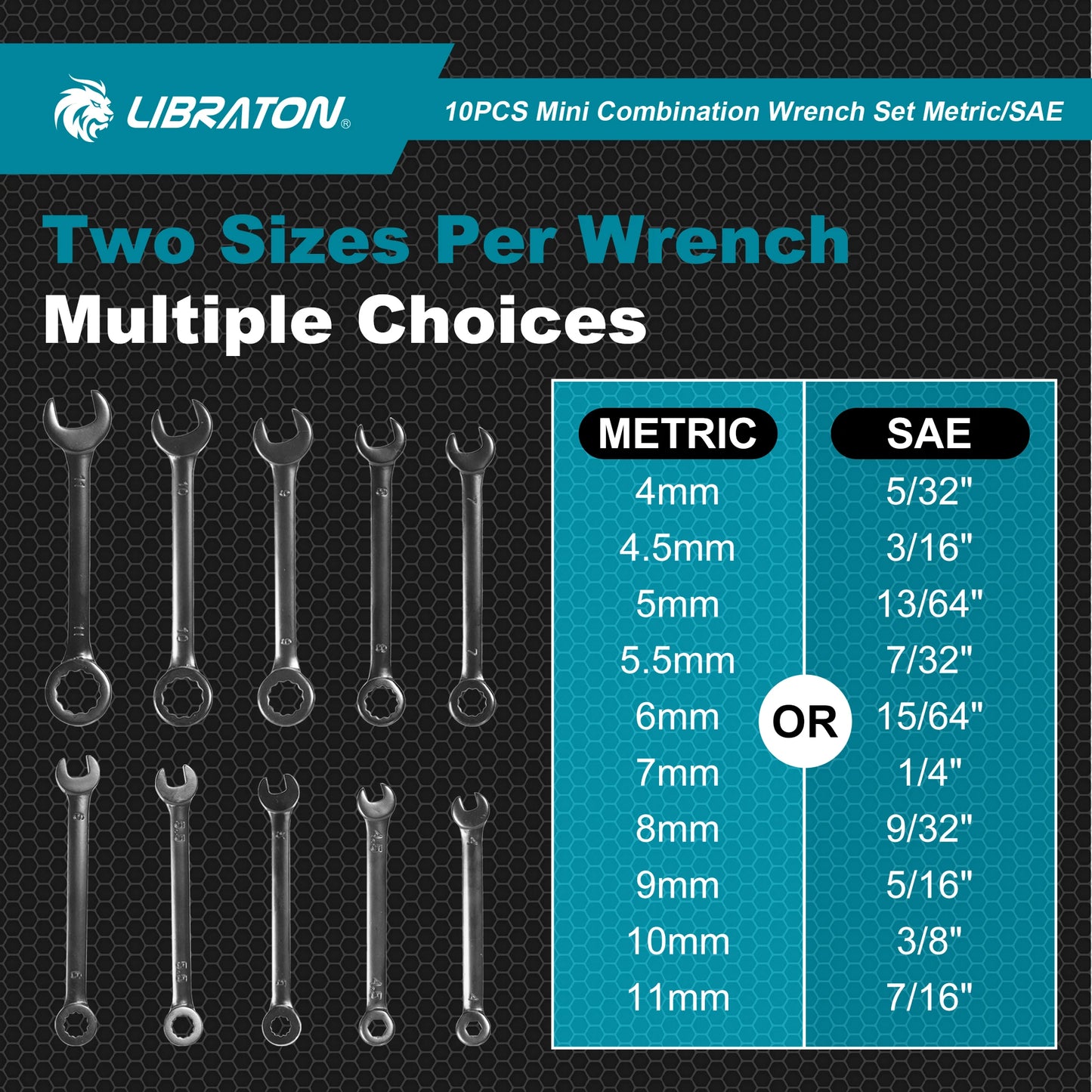 LIBRATON 10-Piece Mini Combination Wrench Set with Rolling Pouch – Metric & SAE Carbon Steel 4-11mm / 5/32"-7/16"