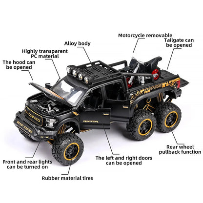 1:24 Diecast F150 Raptor Pickup Truck — Metal Model Car with Sound & Light for Kids Age 3+, Blue