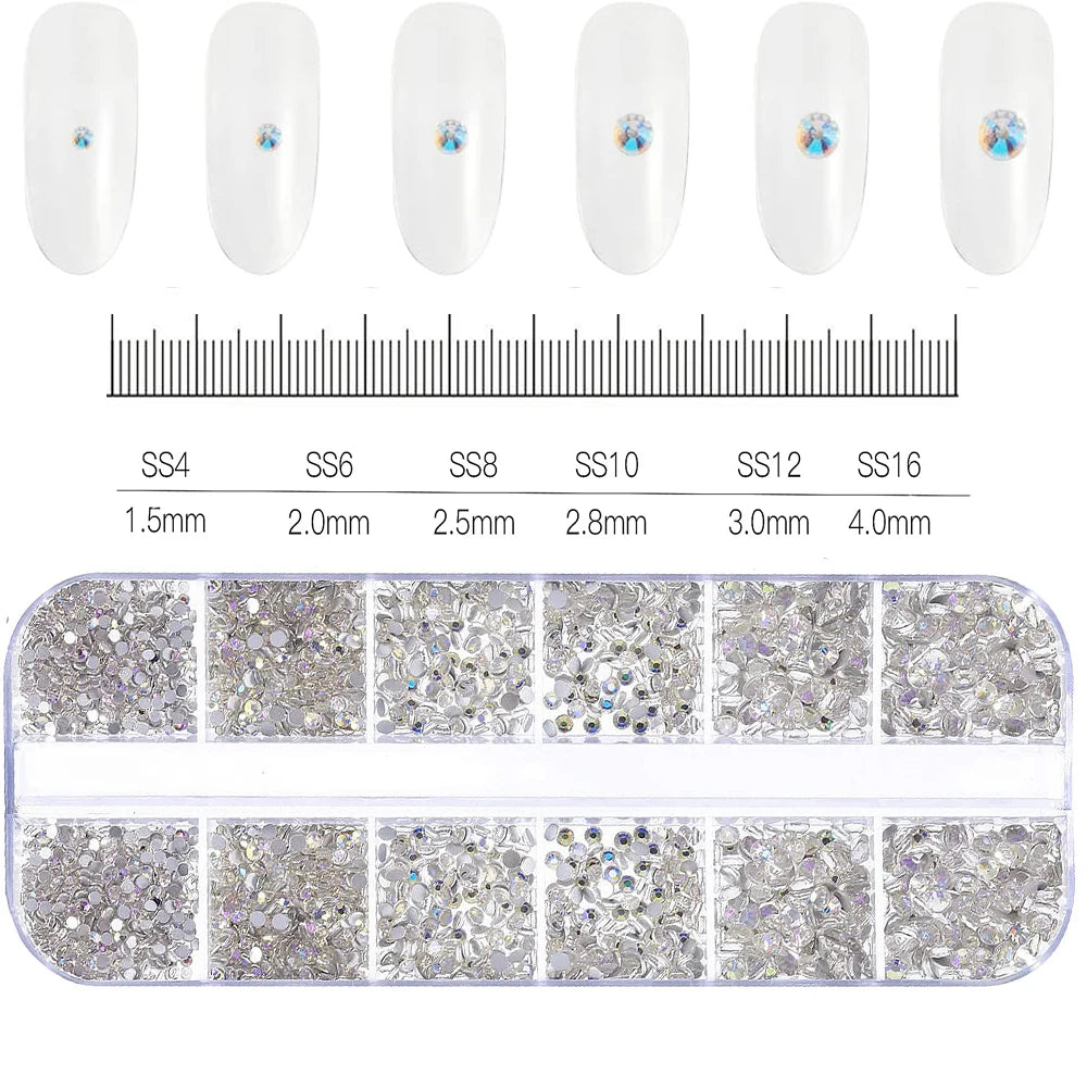 12-Grid 3D Glass AB Crystal Nail Art Rhinestones Kit – Flatback Round Beads with Tools for Nail Jewelry & Diamond Decoration