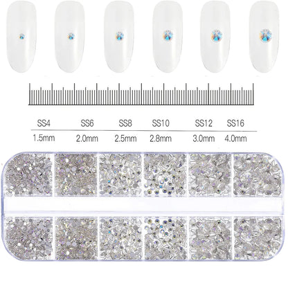 12-Grid 3D Glass AB Crystal Nail Art Rhinestones Kit – Flatback Round Beads with Tools for Nail Jewelry & Diamond Decoration