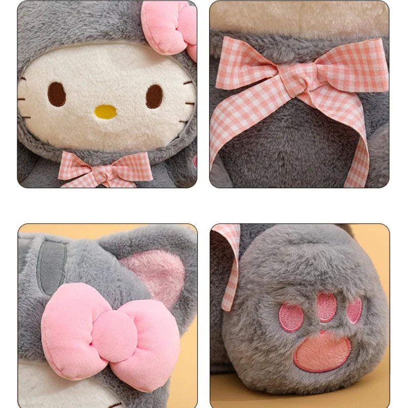 Cute Grey Cat Hello Kitty Plush Doll - Checkered Bow Stuffed Toy, Soft Pillow & Home Decoration Gift, 20–60 cm