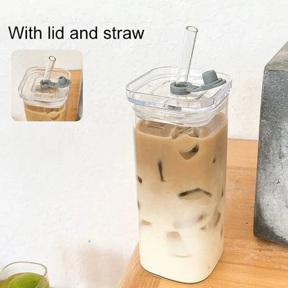 Square Heat-Resistant Coffee Glass Cup with Lid and Straw - Transparent Milk Tea, Juice, and Coffee Mug for Home Bar Drinkware