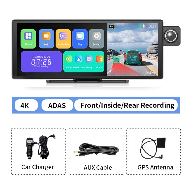 11.3" Imagebon H50 Dash Cam 4K - ADAS, Wireless CarPlay & Android Auto, 3-Channel Recording, Time Lapse & 24H Park Monitor