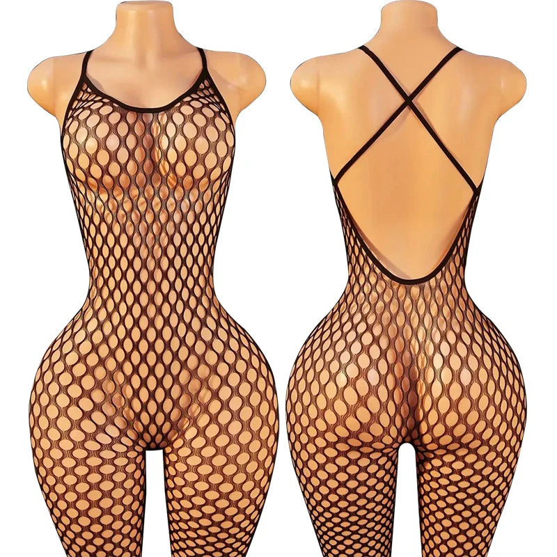 Sexy Crotchless Lingerie Set - Leopard Print Mesh Bodystocking with Backless Cutout Bra Design
