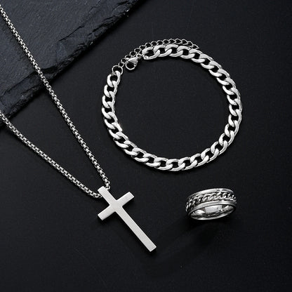 3-Piece Stainless Steel Jewelry Set – Men’s & Women’s Retro Bracelet, Necklace, Ring for Punk Hip Hop Fashion