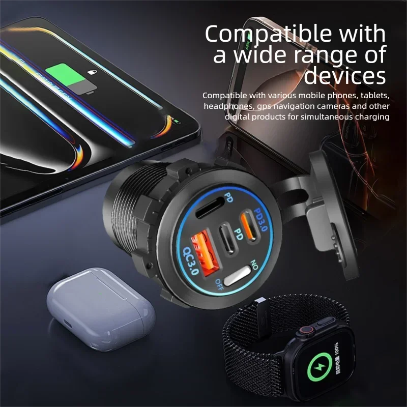 USB Car Charger 12/24V - Dual Socket PD3.0 & QC3.0 Fast Charging Station with LED Voltmeter Switch