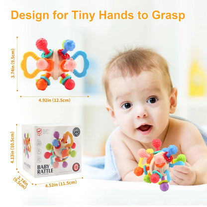 Soft Silicone Baby Rattle Ball Teether - Manhattan Round Hand Grab Toy for Infants 0M+ Teething Gift